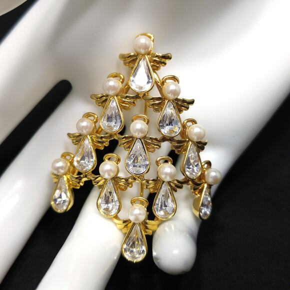 BW Angel Christmas Tree Brooch Gold Plated Book Piece 1970s Vintage Jewelry